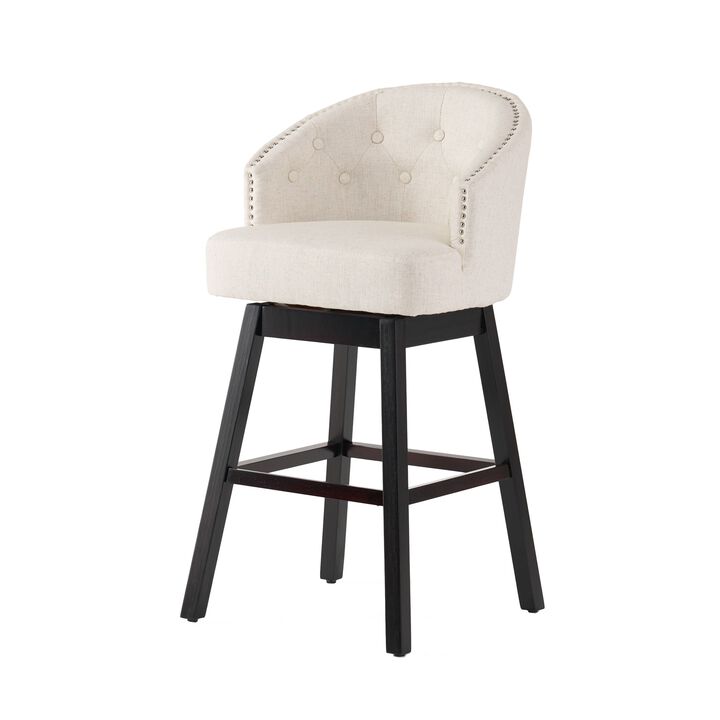 Barstool Chair Set of 2, Oval Shaped Fabric Cushion, Soft Beige Fabric - Benzara