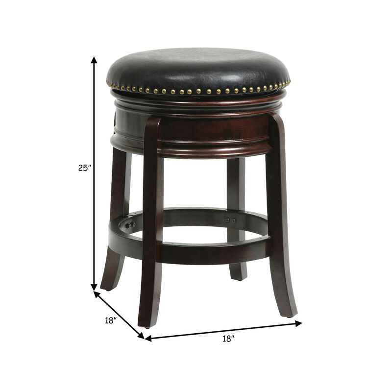 Sabi 24 inch Swivel Counter Stool, Solid Wood, Faux Leather, Cappuccino, Brown - Benzara