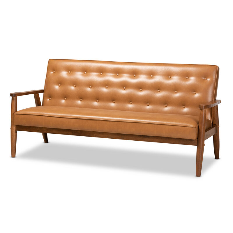 Baxton Studio Sorrento Mid Century Tan Faux Leather Upholstered Wood Sofa