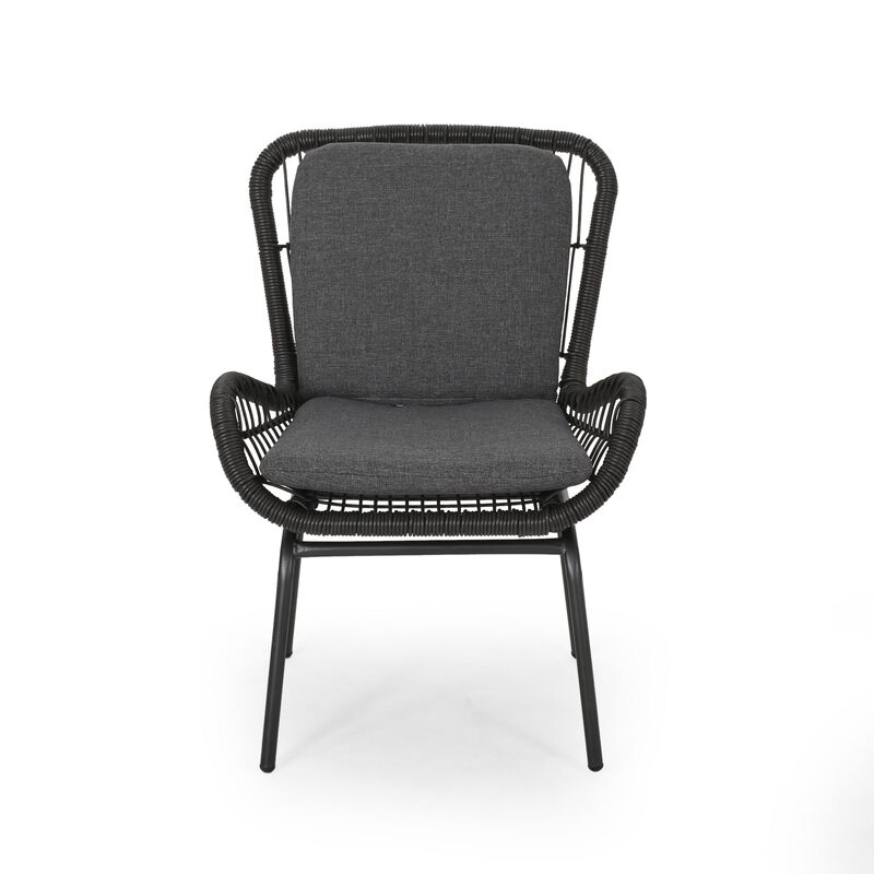 Patio Accent Chair Set of 2, Open Wicker, Round Edge, Black Iron, Gray -Benzara