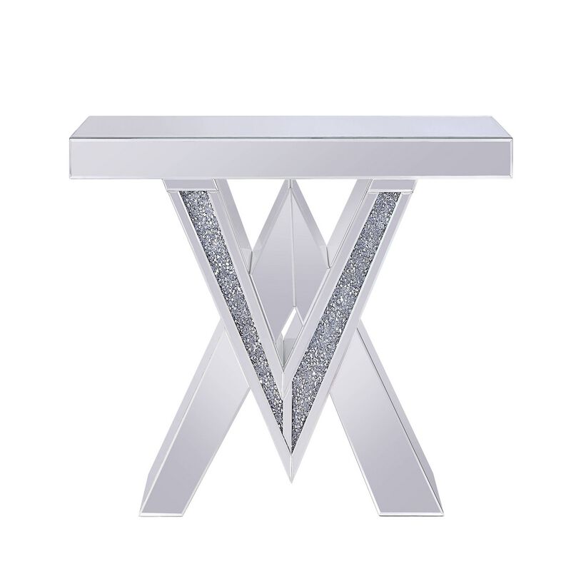 Wood and Mirror Console Table with Interlocking V Shape Base, Clear-Benzara