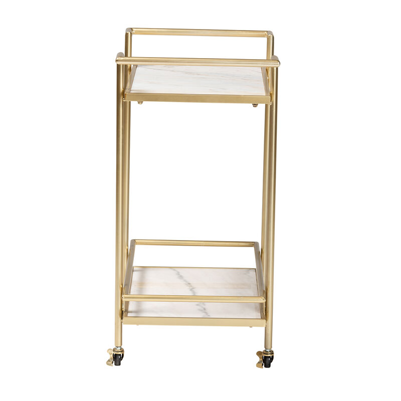 Baxton Studio Louise Contemporary Glam and Luxe Gold Metal and White Marble 2 Tier Wine Cart