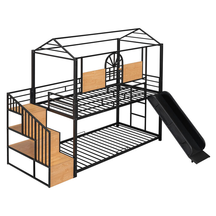 Twin Over Twin Metal Bunk Bed, Metal Housebed With Slide And Storage Stair Withslide