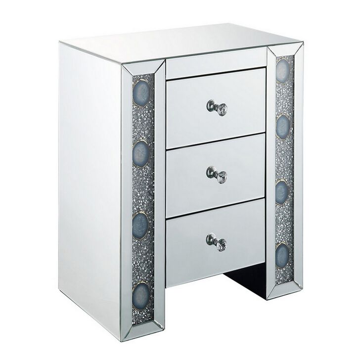 Wood & Mirror Nightstand with Agate Inserts, Silver-Benzara