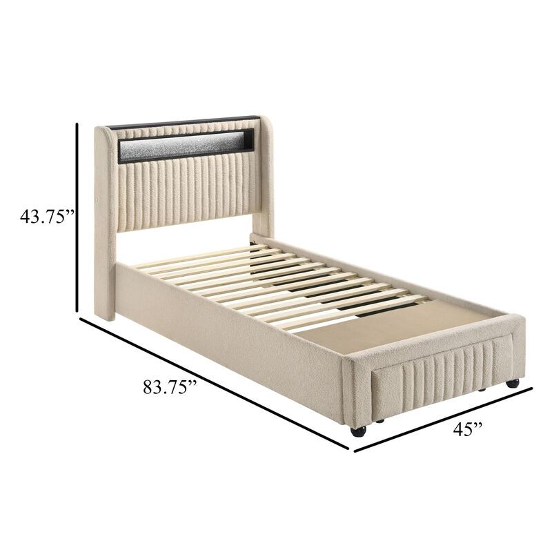 Madie Twin Platform Bed, LED and Storage, Cream Channel Tufted Boucle - Benzara