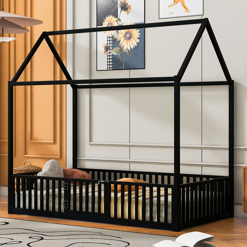 Merax Metal House Bed with Fence and Door