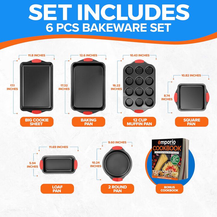 Baking Pan Set - Nonstick Coating, Carbon Steel Bakeware Set with Red Silicone Handles, PFOA, PFOS, PTFE Free, Recipe Booklet Included, Oven Safe Tray (Up To 450° F), Set of 6 - Black