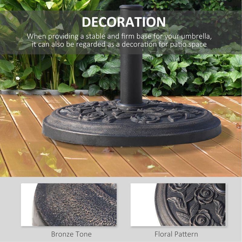 Bronze Umbrella Base: 18" Round Resin Stand with Rose Pattern for 1.5", 1.89" Poles