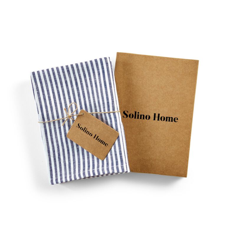 Solino Home 100% Pure Linen Kitchen Towels Set of 2 - 17 x 26 Inch | Narrow Stripe