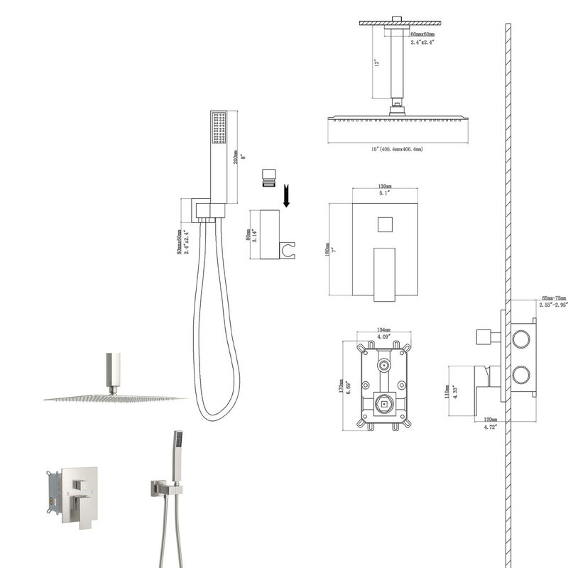 Ceiling Shower Set - 16 Inch Square Shower Set, Dual Shower Heads, Brushed Nickel