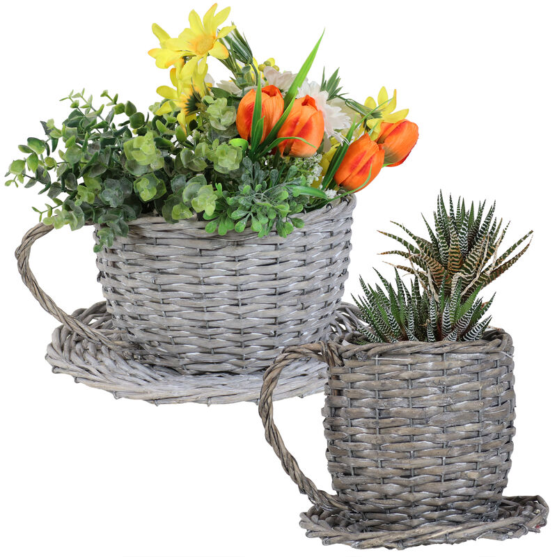 Sunnydaze Rattan Wicker Coffee Cup/Teacup Shape Planters - Set of 2