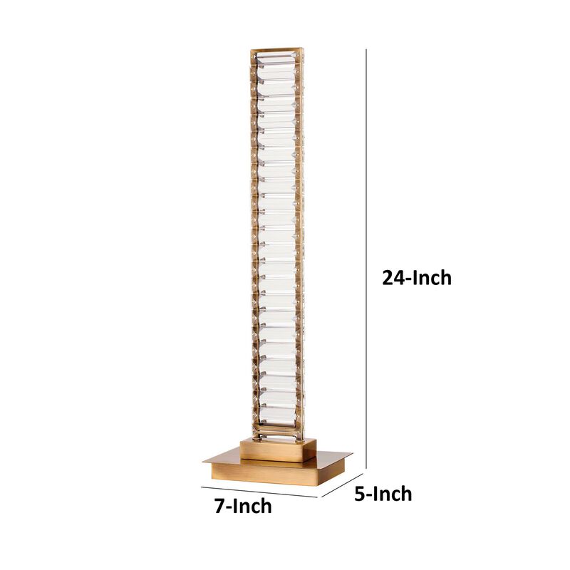 Lizy 24 Inch Tall, Thin Table Lamp, Crystal, LED Metal Frame, Antique Brass - Benzara