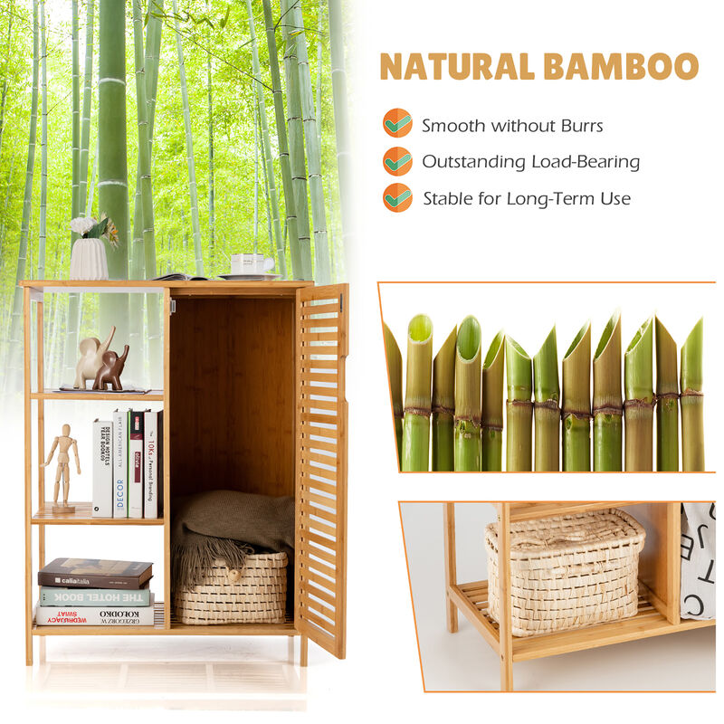 Costway Bathroom Cabinet Bamboo Storage Floor Cabinet w/ Single Door & 3 Open Shelves