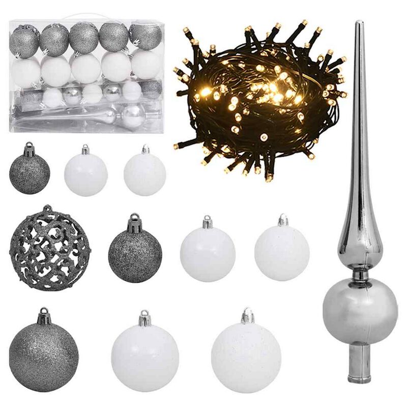 61pc Christmas Ornament Set w Topper, LED String Lights, White Silver - Benzara