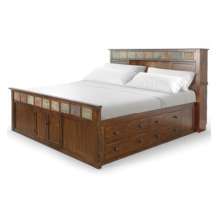 Odell King Size Bed w Storage Footboard, Bookcase Headboard, Brown - Benzara