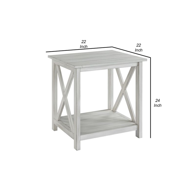 1 Open Shelf Wooden End Table with X Shaped Accents, White-Benzara