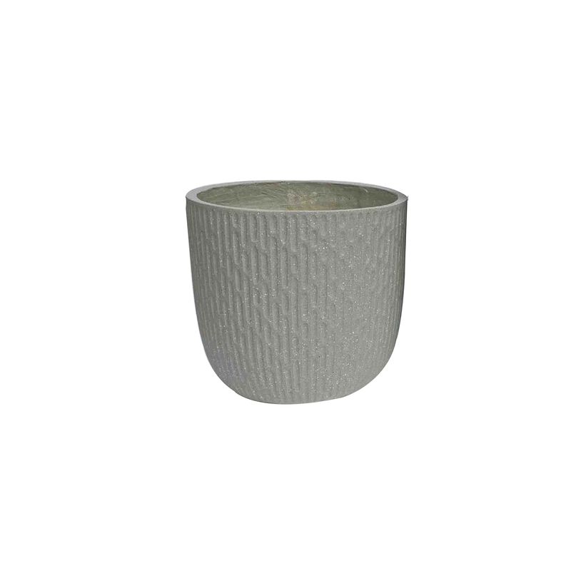 14 Inch Planter Set of 2, Drum Shape, Engraved Design, Textured Green - Benzara