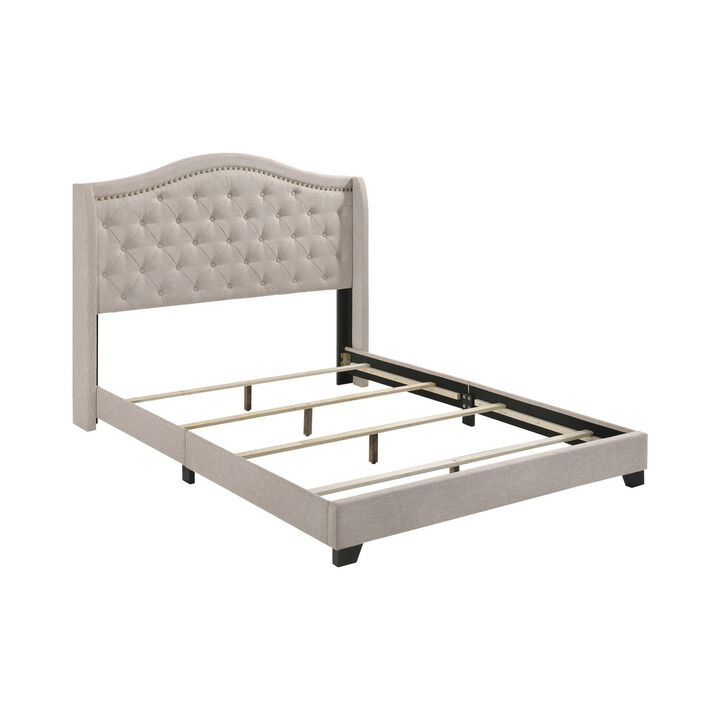 Queen Size Bed, Beige Fabric Upholstered, Camel Back, Button Tufted-Benzara