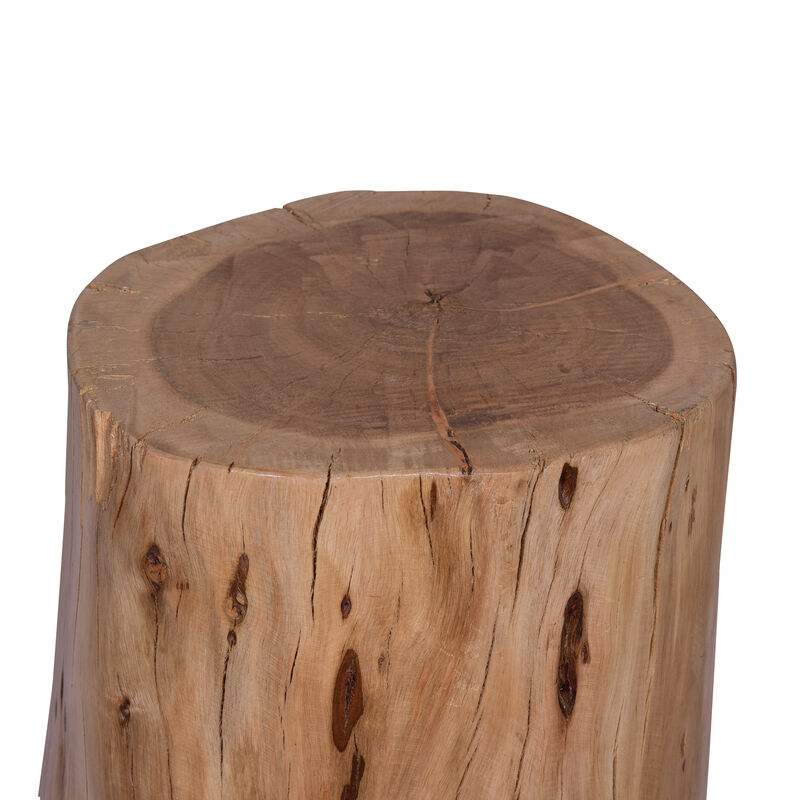 17 Inch Accent Stump Stool End Table, Live Edge Acacia Wood Log with Grain and Knot Details, Natural Brown-Benzara