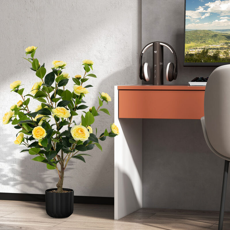 38 Inch Artificial Camellia Tree Faux Flower Plant in Cement Pot 2 Pack