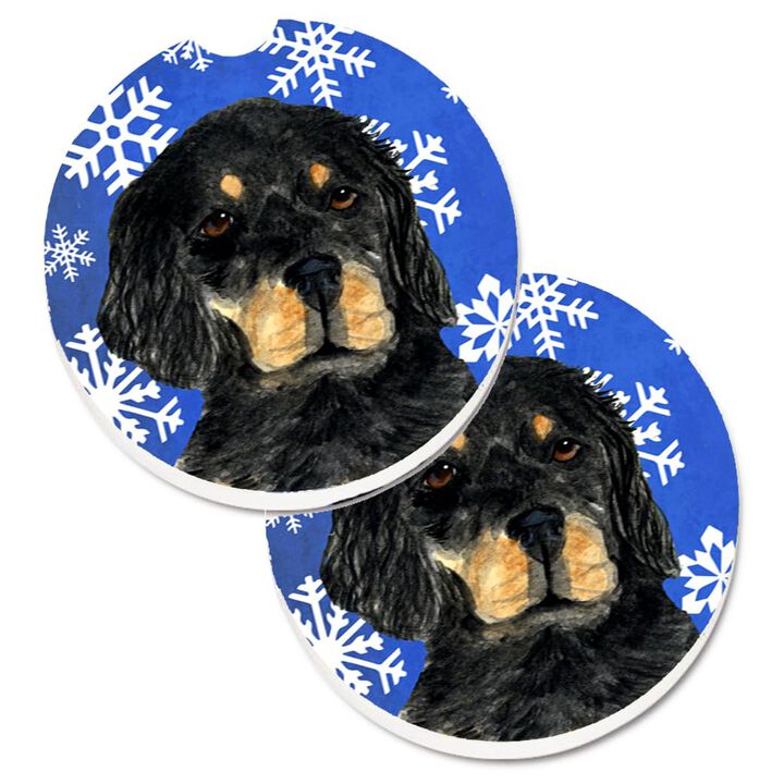 Caroline's Treasures Gordon Setter Winter Snowflakes Holiday Set of 2 Cup Holder Car Coasters SS4653CARC, 2.56, Multicolor