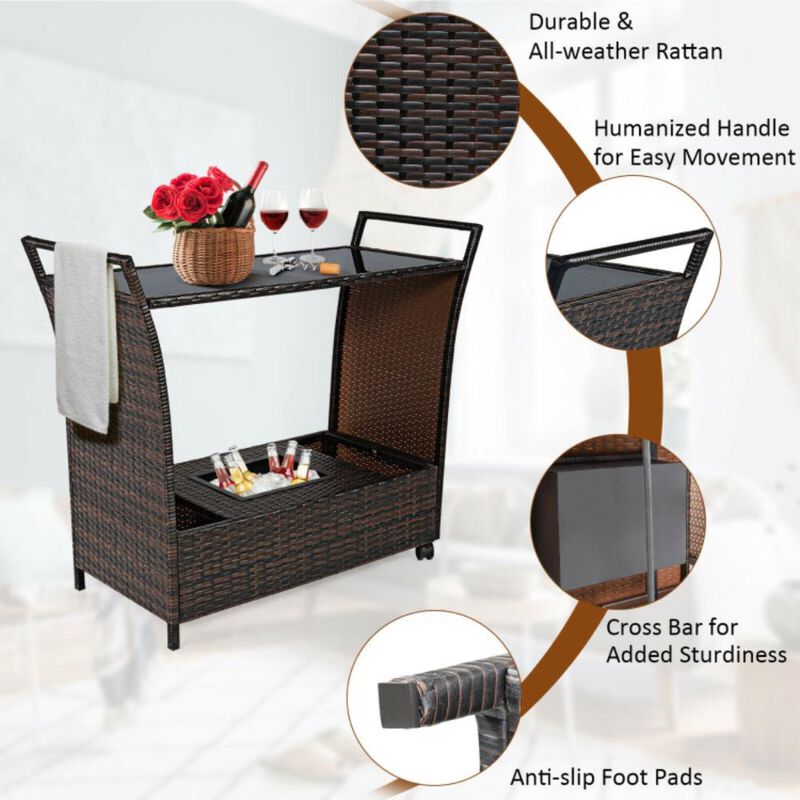 Hivvago Patio Rattan Bar Serving Cart with Glass Top and Handle