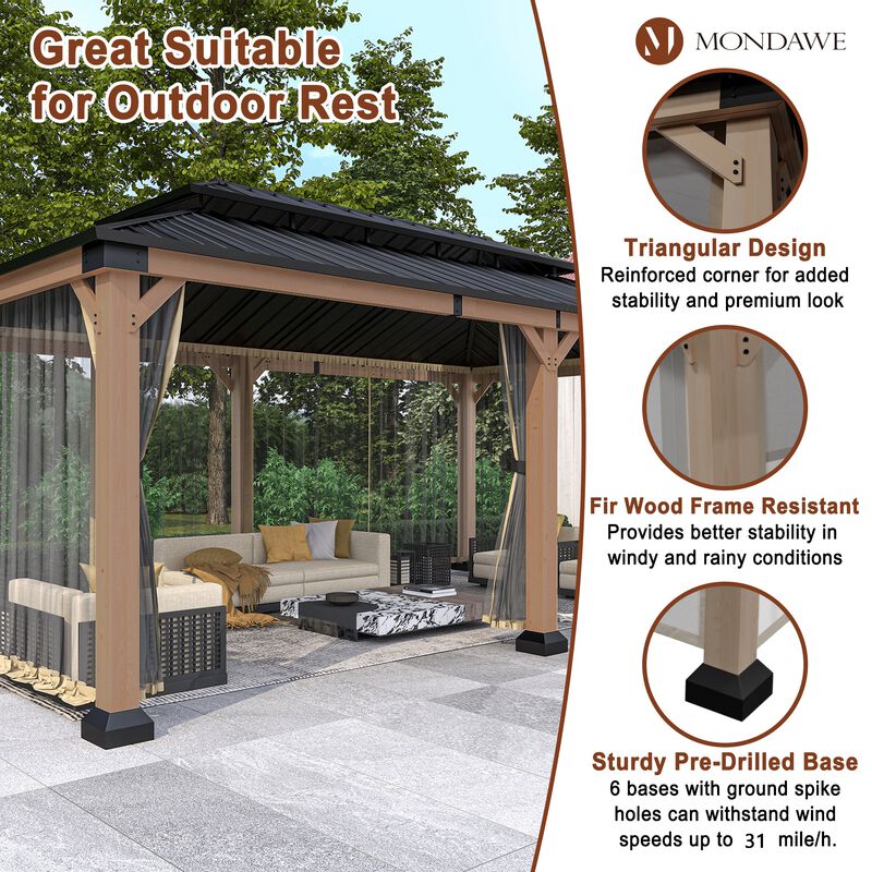 Mondawe Beverly Hills 12 ft. x 20 ft. Outdoor Fir Solid Wood Frame Patio Gazebo Canopy Shelter Galvanized Steel Hardtop Netting