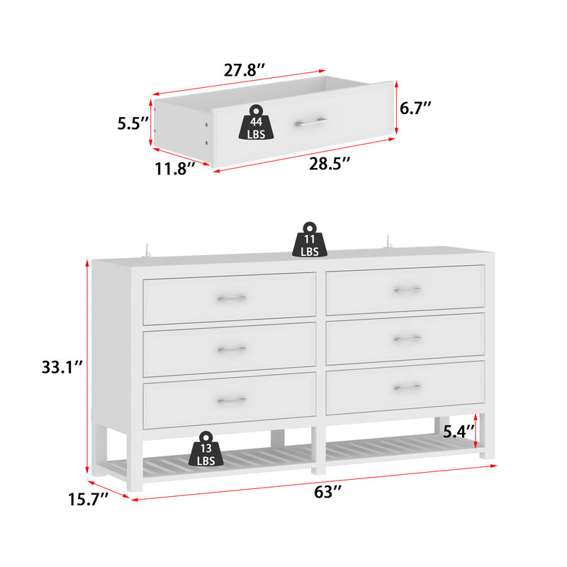 FUFU&GAGA Modern White 6-Drawer Dresser with Open Storage Shelf,（63” W x 15.7” D x 33.1” H), White