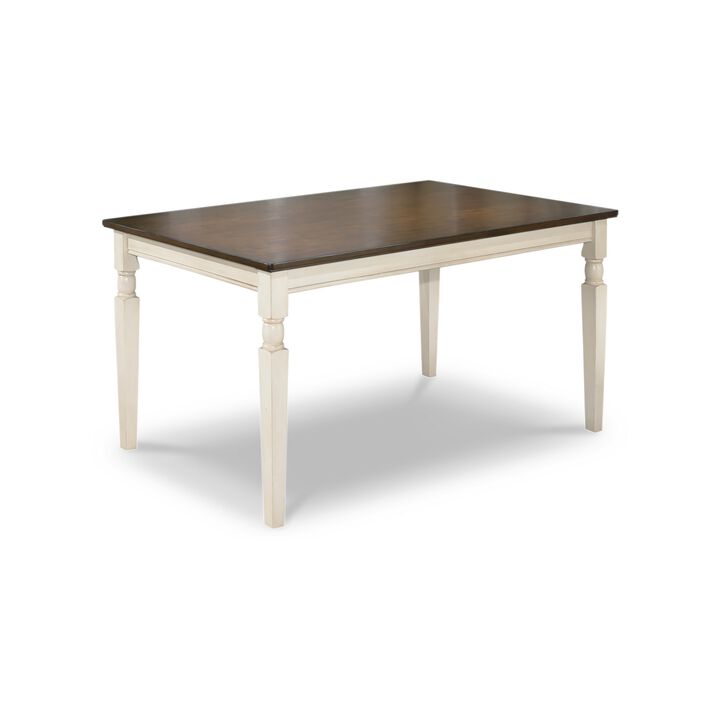 Borg Dining Table, 60 Inch Rectangular Brown Wood, White Turned Legs - Benzara