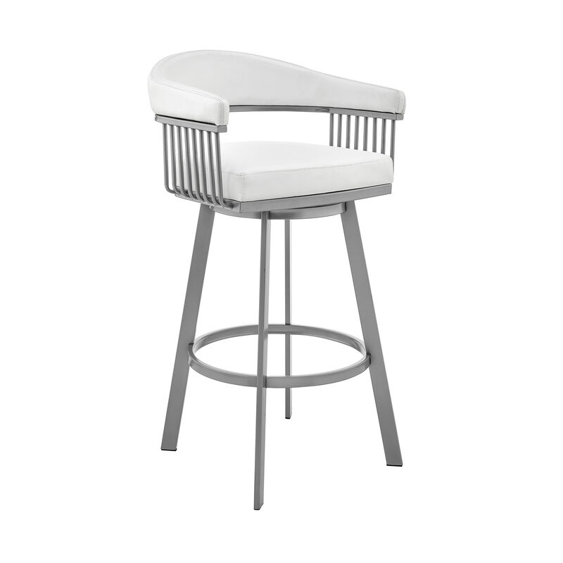 Bronson Bar Height Swivel Bar Stool in Silver finish and White Faux Leather