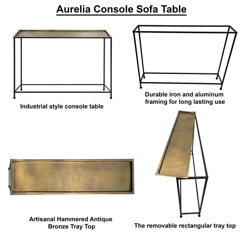 Aurelia 48 Inch Console Sofa Table, Artisanal Hammered Antique Bronze Tray Top, Industrial Black Iron Frame-Benzara