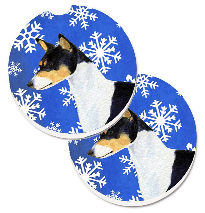 Caroline's Treasures Basenji Winter Snowflakes Holiday Set of 2 Cup Holder Car Coasters SS4652CARC, 2.56, Multicolor