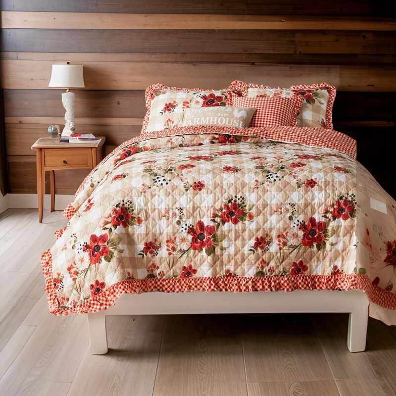 2pc Twin Quilt and Pillow Sham Set, Windflowers, Ruffle Edge, Truffle Brown - Benzara