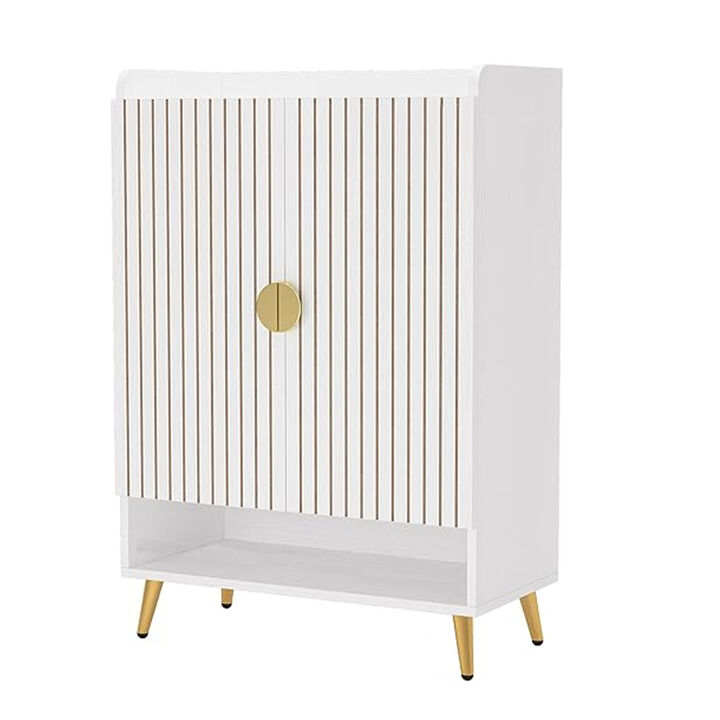 Shoe Cabinet, 43 Inch 7 Tier Shelves, Brown Ribbed Doors, Gold, White - Benzara