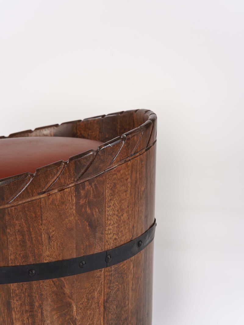 Handmade Eco-Friendly Geometric Buffalo Leather & Wood Brown Round Ottomon 18"x18"x18" From BBH Homes