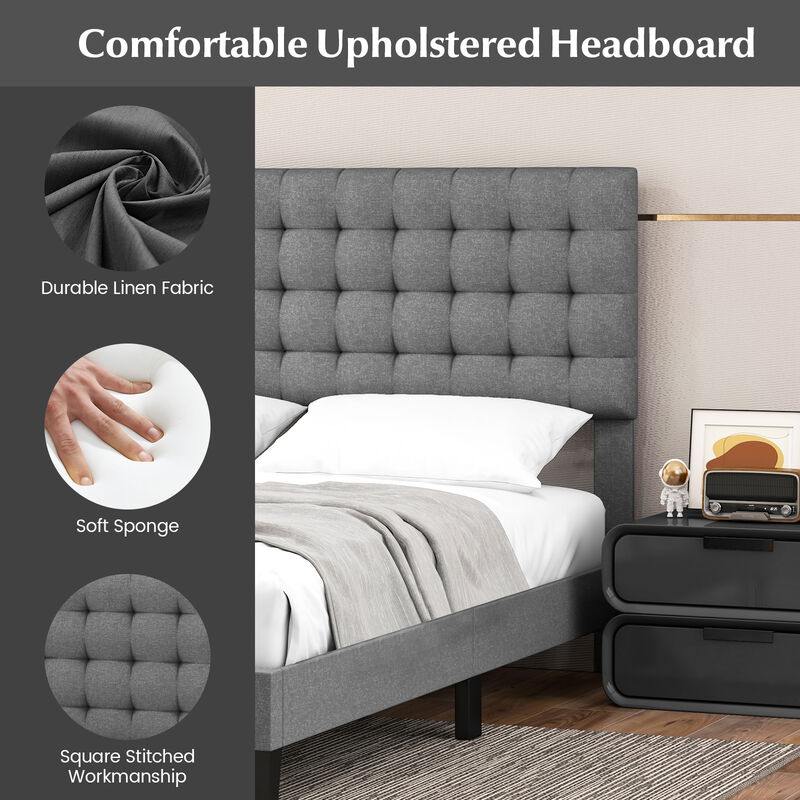 Queen Size Upholstered Platform Bed with Square Stitched Headboard