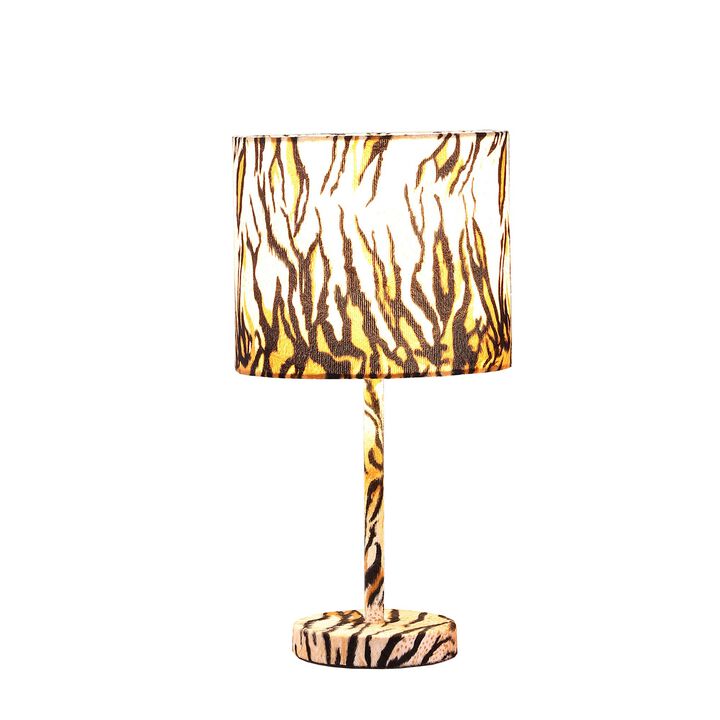 Fabric Wrapped Table Lamp with Striped Animal Print, Brown and Black-Benzara