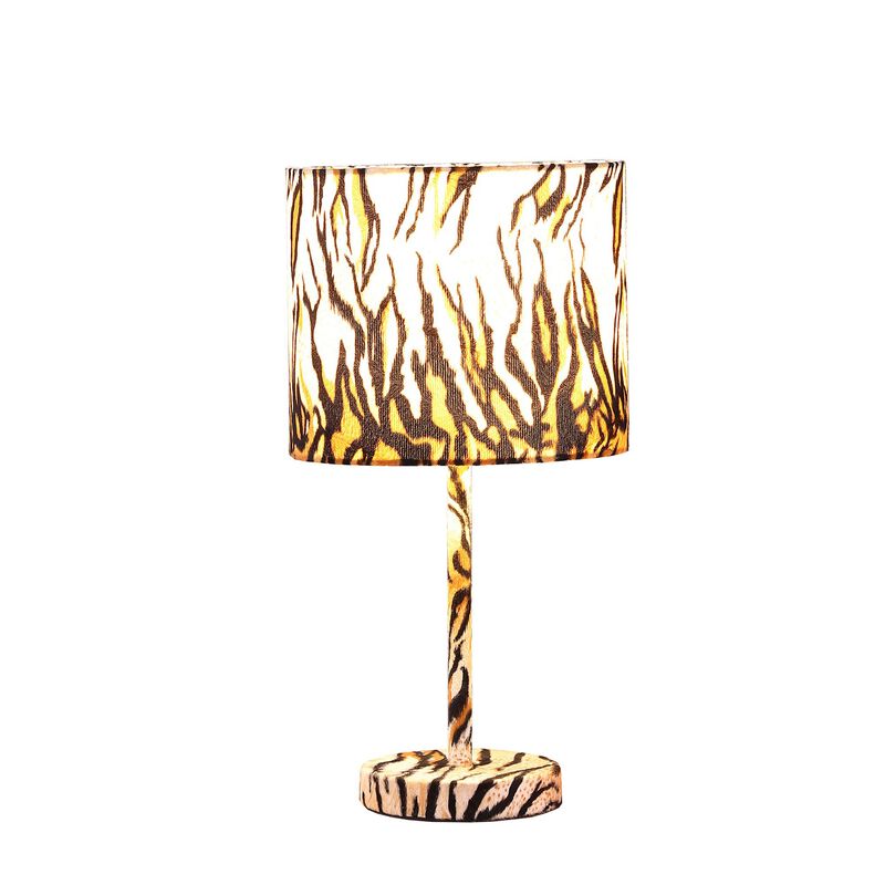 Fabric Wrapped Table Lamp with Striped Animal Print, Brown and Black-Benzara