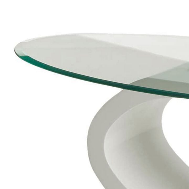 Contemporary Tempered Glass Top Coffee Table with O Shape Base, White-Benzara