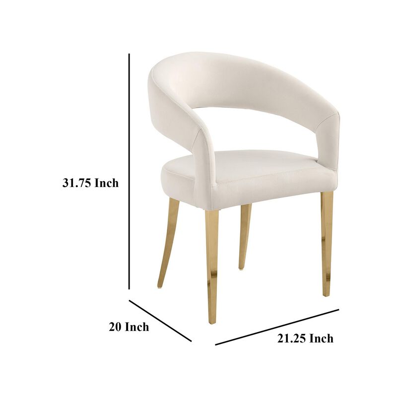 Liano Dining Chair Set of 2, Curved Open Back, Gold Legs, White Fabric - Benzara