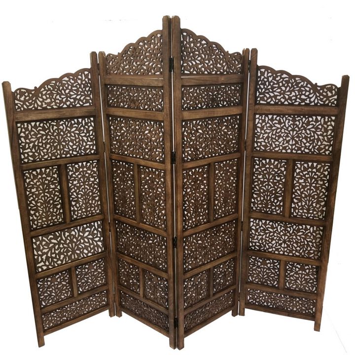 Benzara Hand Carved Foldable 4 Panel Wooden Partition Screen/RoomDivider,Brown -Benzara