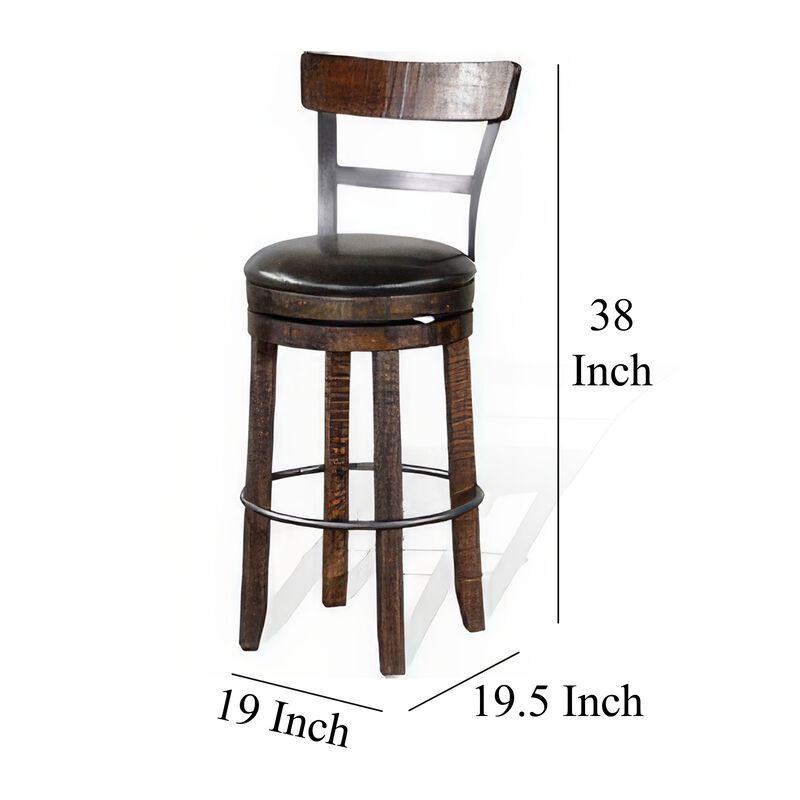 Flint Swivel Barstool Chair Set of 2, Black Faux Leather, Dark Brown - Benzara