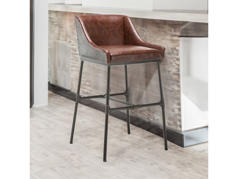 Leatherette Bar Stool with Riveted Metal Backing, Brown and Black-Benzara