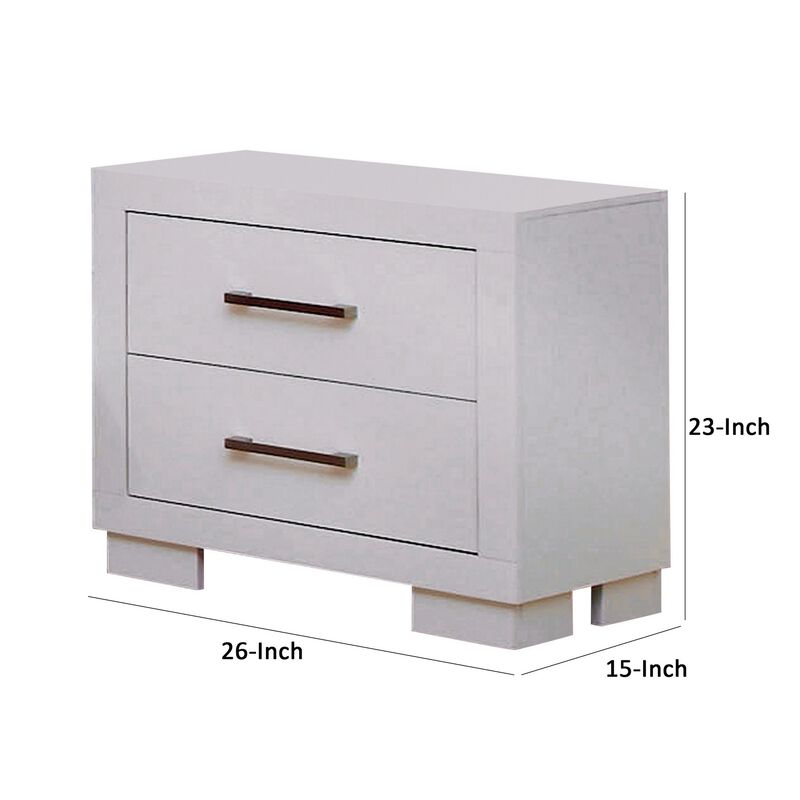 Bela 26 Inch 2 Drawer Nightstand, Felt Lined, Silver Handles, Crisp White-Benzara