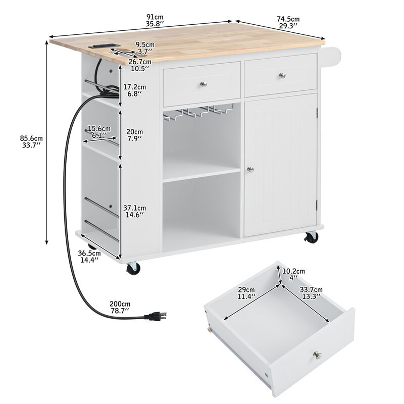 Streamdale Kitchen Island with Power Outlet and Drop Leaf, White