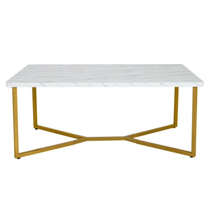 White Faux Marble Coffee Table with Gold Finished Metal Frame