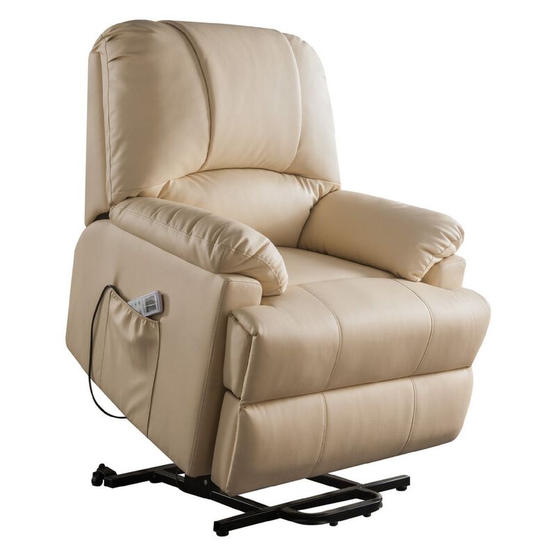 Contemporary Polyurethane Upholstered Metal Recliner with Power Lift, Beige-Benzara