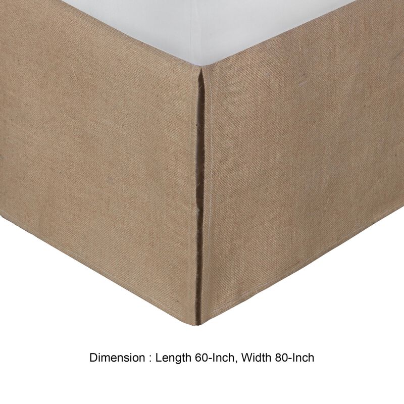 Kuma Queen Bed Skirt, Spilt Corners, Burlap Drop, Polyester Platform, Brown - Benzara
