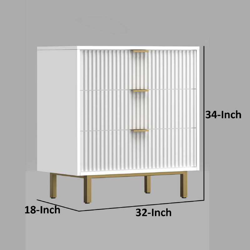 Beth 34 Inch 3 Drawer Small Dresser Chest, Mahogany Wood, White, Gold-Benzara