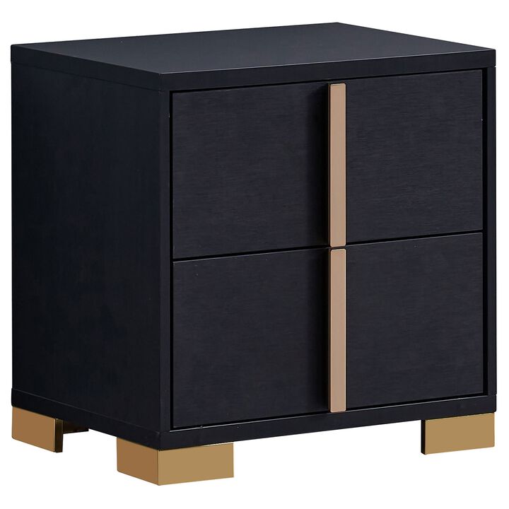 Dex 22 Inch Nightstand, 2 Drawers with Long Vertical Gold Handles, Black - Benzara